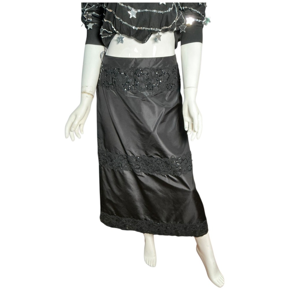 CHETTA B Black Silk Beaded‎ Lace Midi Skirt Size 6 Formal Evening